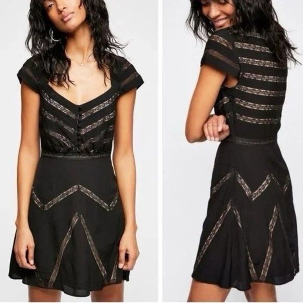 Free People Elle Black Nude Lace Mini Dress XS 0 Whimsigoth Dark Romantic Gothic